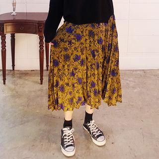 Floral Pattern Accordion-pleat Long Skirt