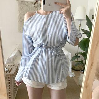 Cutout Shoulder Buttoned Tie Waist Striped Blouse