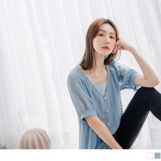 Set: V-neck Short Sleeve Lace Embroidered Top + Plain Camisole