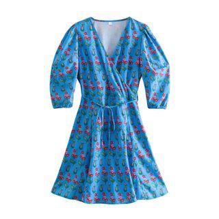 3/4-sleeve Floral Print Tie-waist A-line Dress