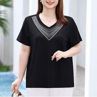 Short-sleeve Rhinestone Trim Blouse