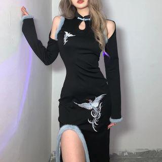 Long-sleeve Crane Embroidered Cutout Slit Midi Sheath Dress