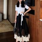 Short-sleeve Asymmetric Drawstring Waist T-shirt / High-waist Mesh Panel Midi Skirt