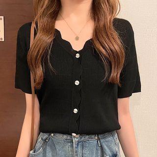 Short-sleeve Scallop Trim Button-up Knit Top
