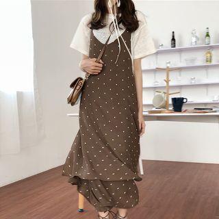 Set: Elbow-sleeve Top + Strappy Dotted A-line Midi Dress