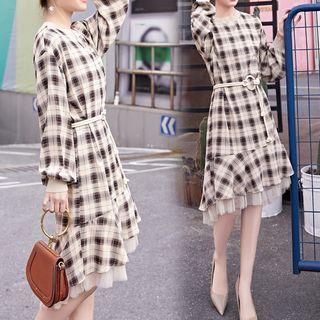 Mesh Panel Plaid Long-sleeve Shift Dress