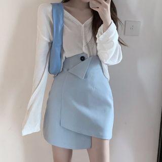 V-neck Cardigan / High-waist Mini Pencil Skirt