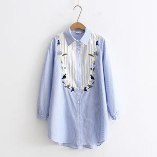 Flower Embroidered Striped Shirtdress