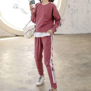 Set: Mock Two-piece Striped-side Pullover + Sweatpants