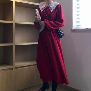 Long-sleeve Lace Collar Midi A-line Knit Dress
