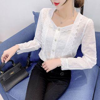 Long-sleeve Square-neck Eyelet Lace Blouse