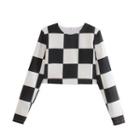 Long-sleeve Cropped Checkerboard T-shirt / Straight Leg Pants