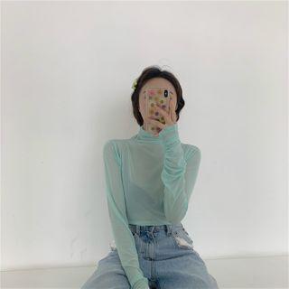 Turtleneck Long-sleeve Shirred Mesh Top
