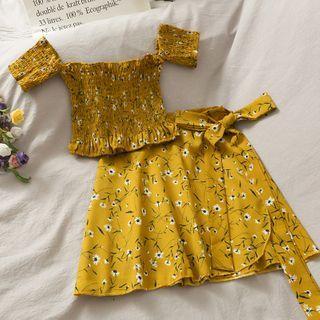 Set: Off-shoulder Short-sleeve Smocked Crop Top + Tie-waist Mini Skirt