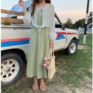Dotted Lace-up Light Jacket / Plain Midi Spaghetti Strap Dress