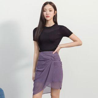 Wrap-front Shirred Gingham Skirt
