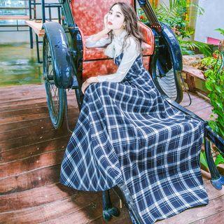 Set: Shirt + Plaid Jumper Maxi Dress