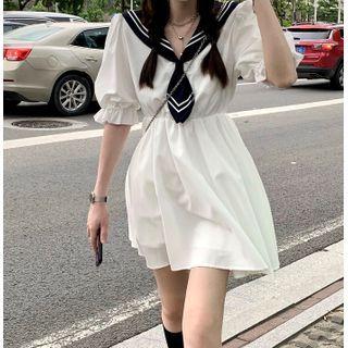 Puff Sleeve Sailor Collar Dress Dress - One Size