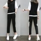Set: Elbow-sleeve Color Block T-shirt + Cropped Sweatpants
