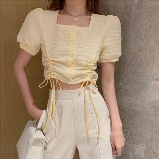 Square Neck Puff Sleeve Drawstring Blouse