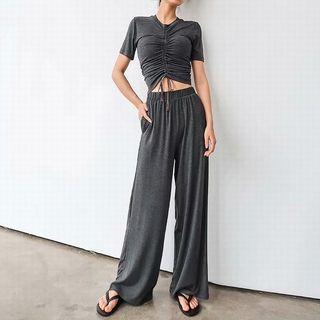 Set Of 2: Plain Ruched-front Top + Wide-leg Pants
