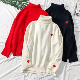 Heart-embroidered Turtleneck Knit Sweater