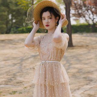 Elbow-sleeve Dotted Mesh Layered Midi A-line Dress