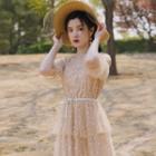 Elbow-sleeve Dotted Mesh Layered Midi A-line Dress