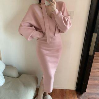 V-neck Long-sleeve Midi A-line Dress / Turtleneck Top