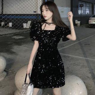Glitter Puff-sleeve Mini A-line Dress