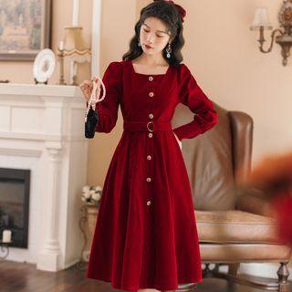 Set: Long-sleeve Button-up A-line Dress + Belt