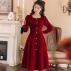 Set: Long-sleeve Button-up A-line Dress + Belt