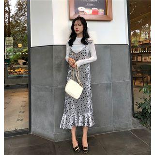 Plain Long-sleeve Top / Dotted Spaghetti-strap Midi Dress