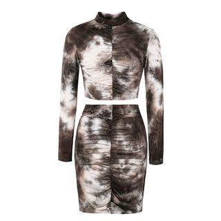 Set: Long-sleeve Tie-dyed Top + Mini Pencil Skirt