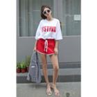 Set: 3/4-sleeve Lettering Top + Band-waist Shorts