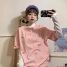 Short-sleeve Peach Embroidered Top + Plaid Long-sleeve Top