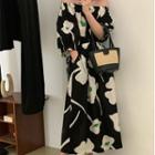 Elbow-sleeve Off-shoulder Floral Midi A-line Dress Black - One Size