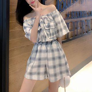 Set: Plaid Elbow-sleeve Top + Shorts