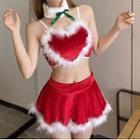 Plain Heart Shape Furry Trim Camisole Top & Plain Furry Trim Mini Skirt Christmas Set (various Designs)