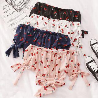 Off-shoulder Short-sleeve Cherry Print Top