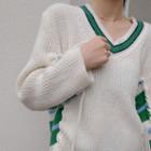 V-neck Striped Panel Sweater Almond - M