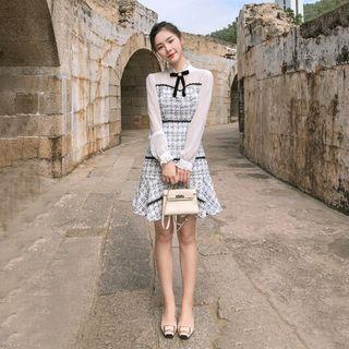 Tweed Lace Trim Long-sleeve Mini A-line Dress