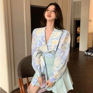 Long-sleeve Print Blouse / Pleated Mini A-line Skirt