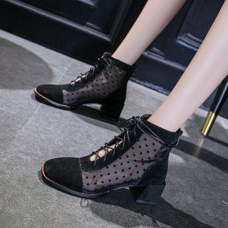 Mesh Panel Chunky-heel Lace-up Short Boots