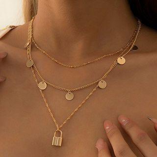 Lock & Disc Pendant Layered Alloy Necklace