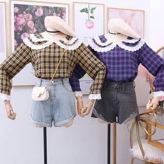 Lace-trim Dual-collar Plaid Blouse
