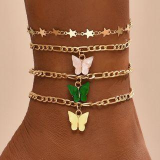 Set Of 4 : Butterfly / Star Alloy Anklet (assorted Designs) Af140 - Gold - One Size