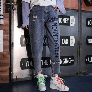 Lettering Washed Cropped Jeans