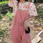Balloon-sleeve Floral Print Blouse / Belted Jumper Pants
