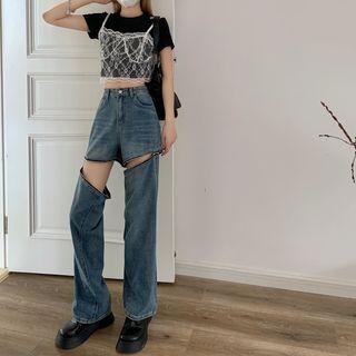 Detachable High Waist Straight Leg Jeans
